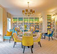 Luxury library in teal and mustard colours
