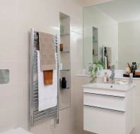 Wash basin, shelves and heated towel rail