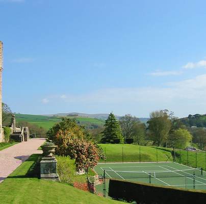 Stone walls and tennis court
