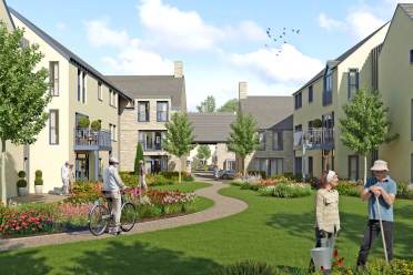 Apartments and grounds, Audley Scarcroft Park (computer-aided visualisation) Garden with winding path between apartment blocks